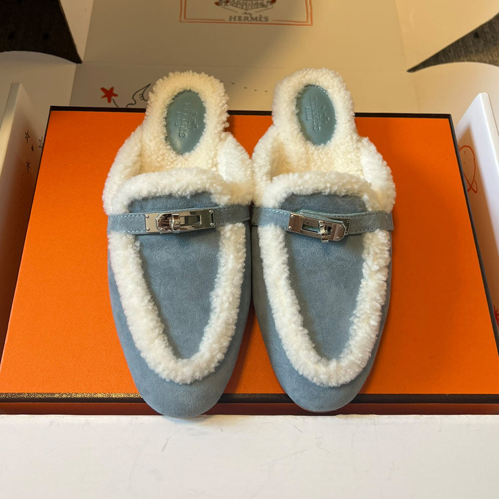 Hermes Women's Winter Suede Round-Toe Flat Half-Slip-On Shoes. Casual Solid Color Slip-On Slippers #81517