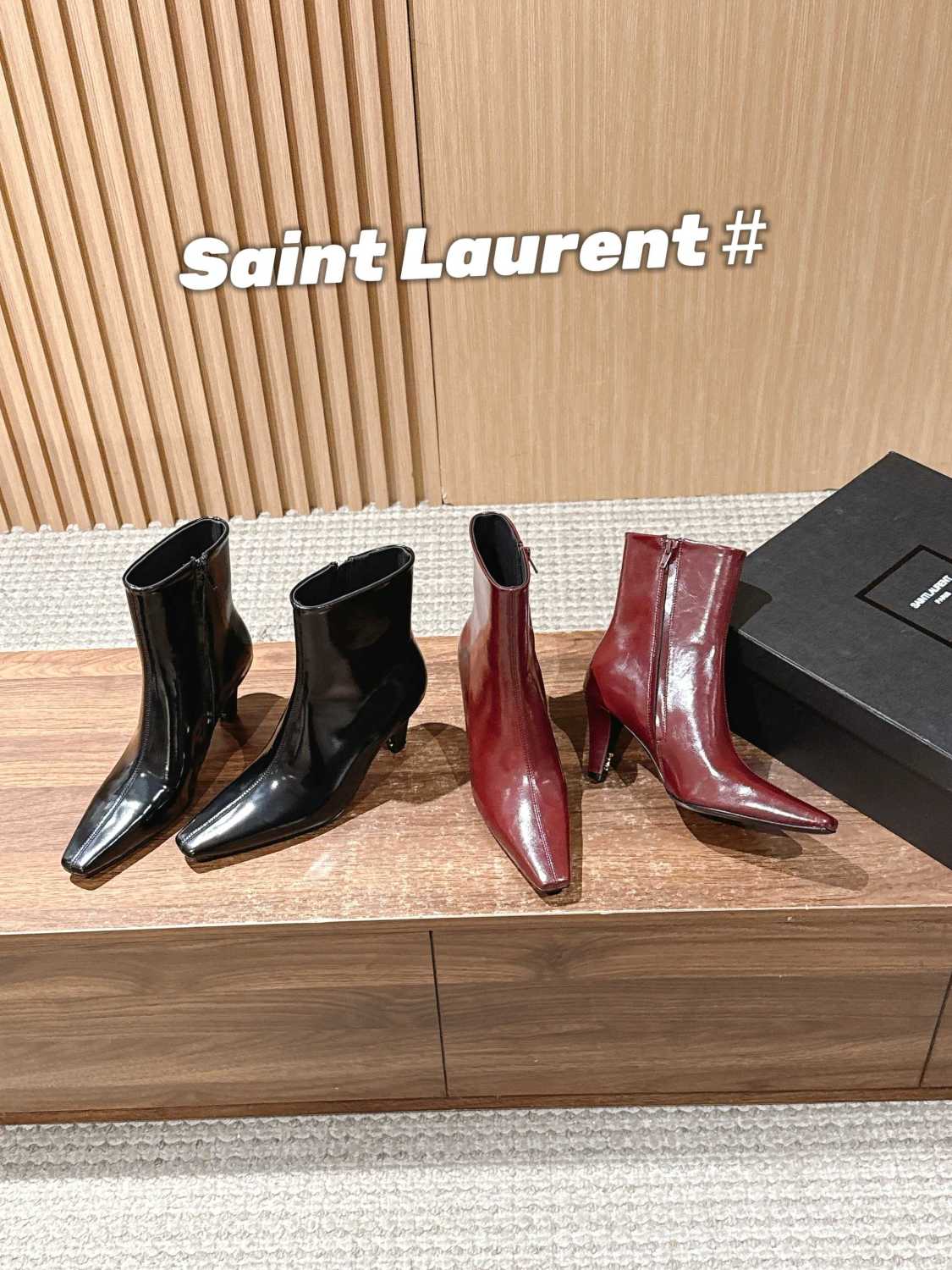 SAINT LAURENT Women's Pointed Cat Heel Long Short Red Black Boots Fashion Temperament Elegant Sexy Zipper Short Boots Shoes Ngvp #2185