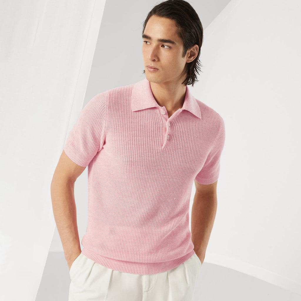 Brunello Cucinelli Men's Summer Linen Cotton Half English Rib Knit Solid Color Short Sleeve Polo Shirt Ngvp #1553