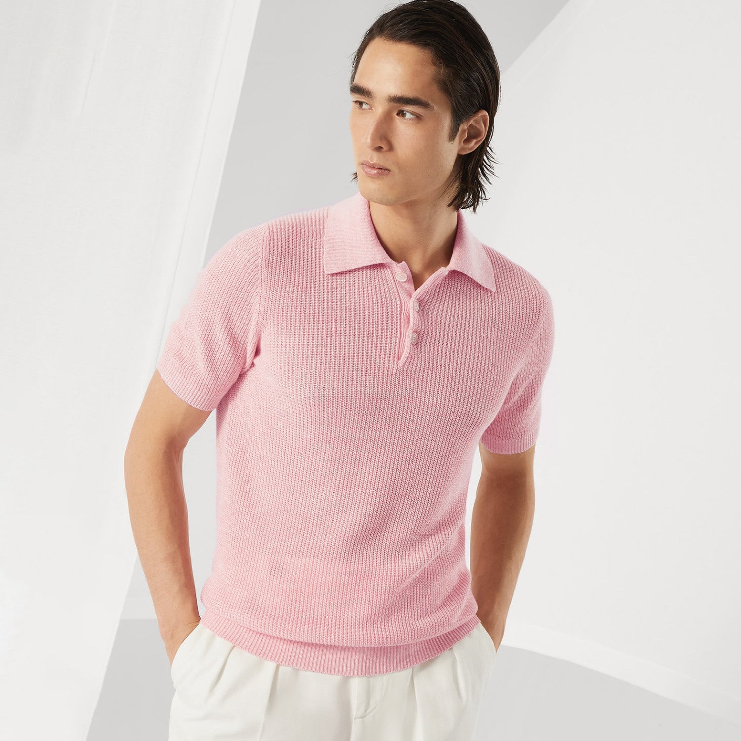 Brunello Cucinelli Men's Summer Linen Cotton Half English Rib Knit Solid Color Short Sleeve Polo Shirt Ngvp #1553