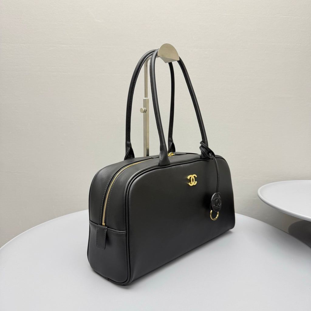 CHANEL Large Bowling Bag Calfskin Gold-tone Metal Black #383866