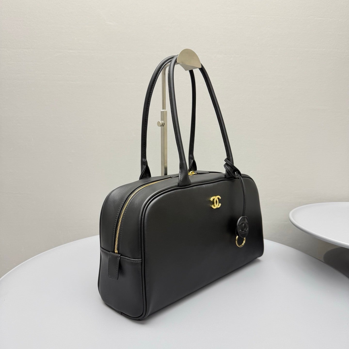 CHANEL Large Bowling Bag Calfskin Gold-tone Metal Black #383866