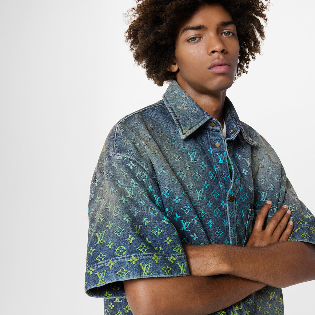 Louis Vuitton Rainbow Monogram Embroidered Short Sleeve Denim Shirt Straight Shorts Fashion Casual Suit Set #71411