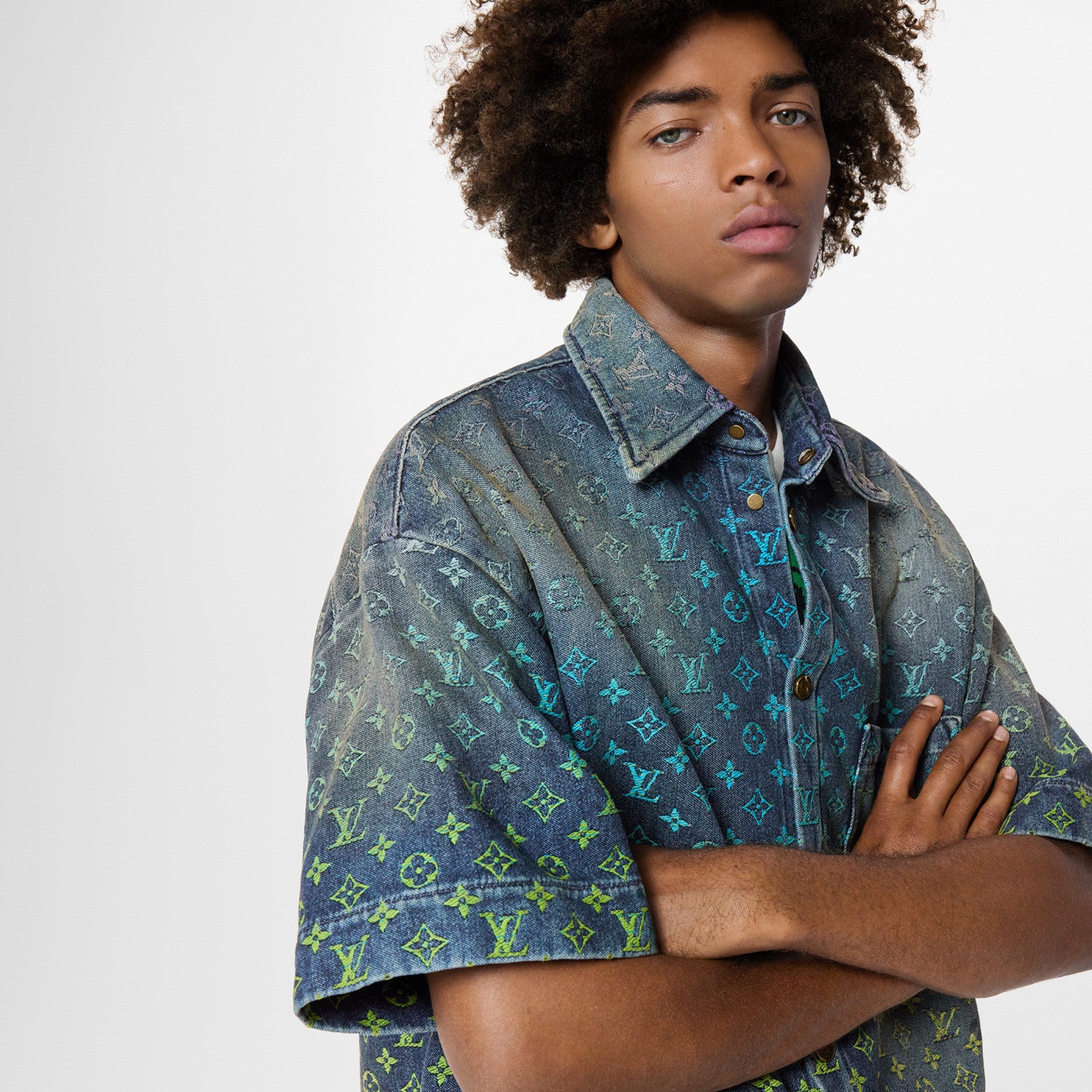 Louis Vuitton Rainbow Monogram Embroidered Short Sleeve Denim Shirt Straight Shorts Fashion Casual Suit Set #71411