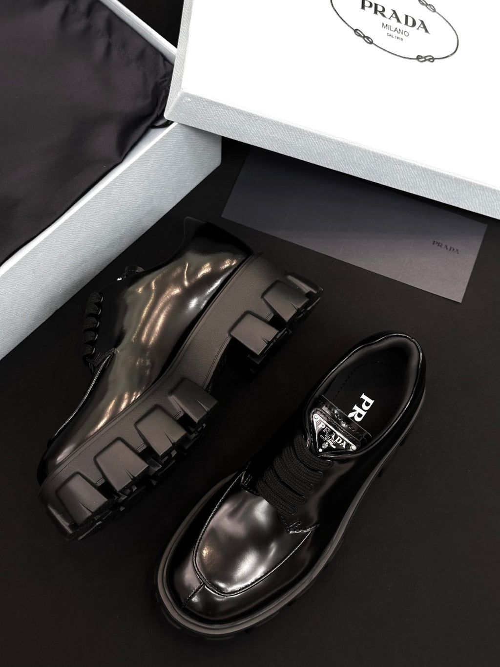 Prada Women's Spring/Fall Fashion Classic Round Toe Lace Up Slip On Triangle Logo Emblem Leather Chunky Sole Loafers Shoes #78529