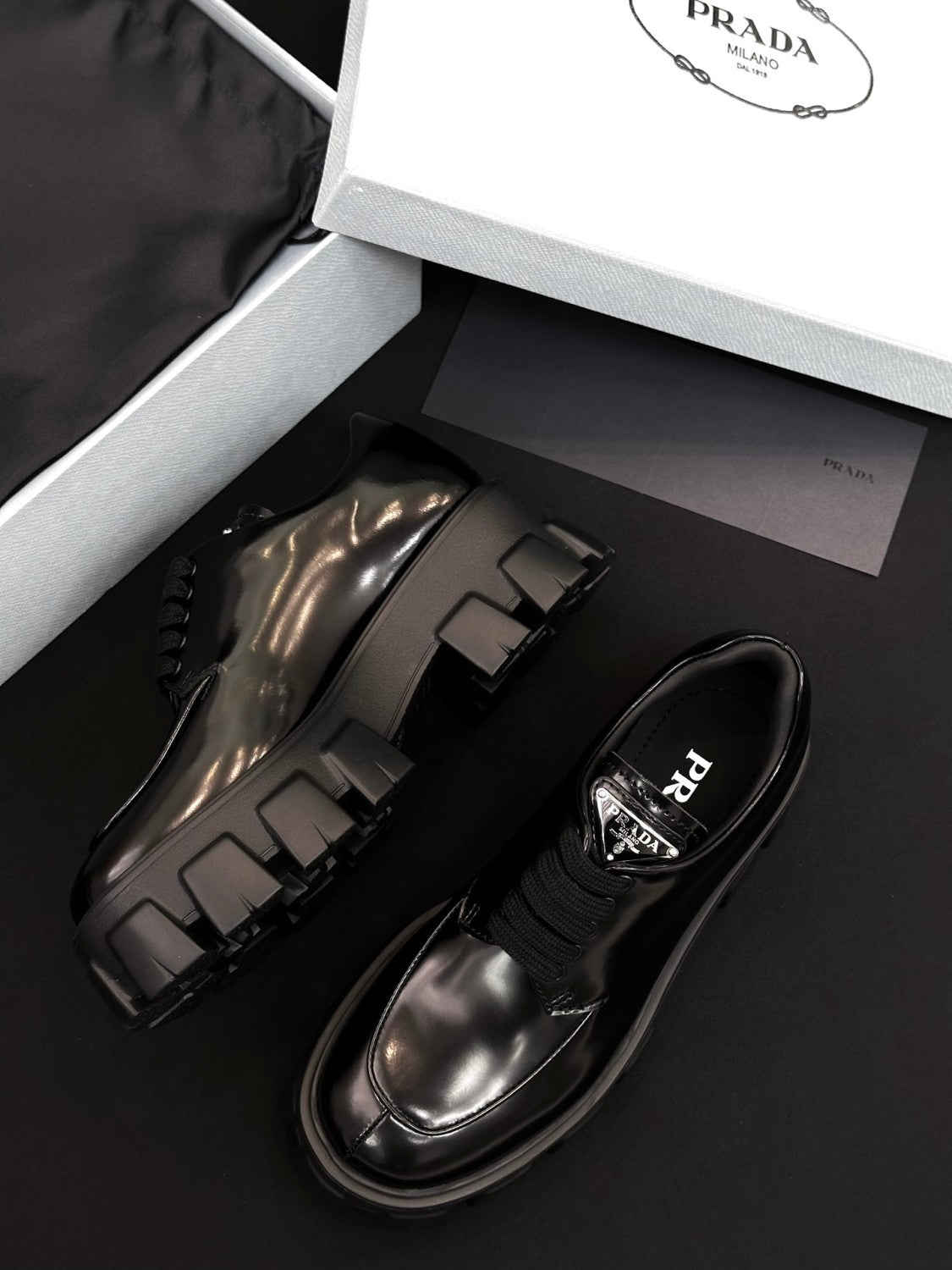 Prada Women's Spring/Fall Fashion Classic Round Toe Lace Up Slip On Triangle Logo Emblem Leather Chunky Sole Loafers Shoes #78529