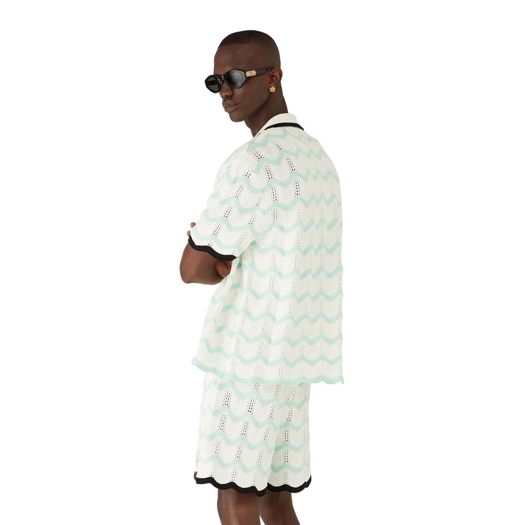 Casablanca Men's Summer Fashion Casual Knit Arch Wave Pattern Woven Pure Cotton Single Breasted Collar Shirt Waist Elastic Short Pants Suit Set #78349
