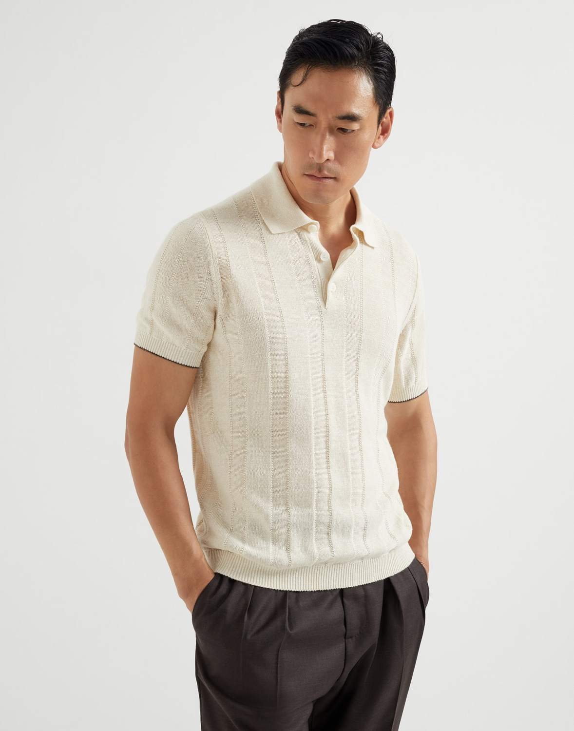 Brunello Cucinelli Men's Summer Solid Color Fitted Short Sleeve Linen And Cotton Wide Rib Knit Polo Shirt Ngvp #1559