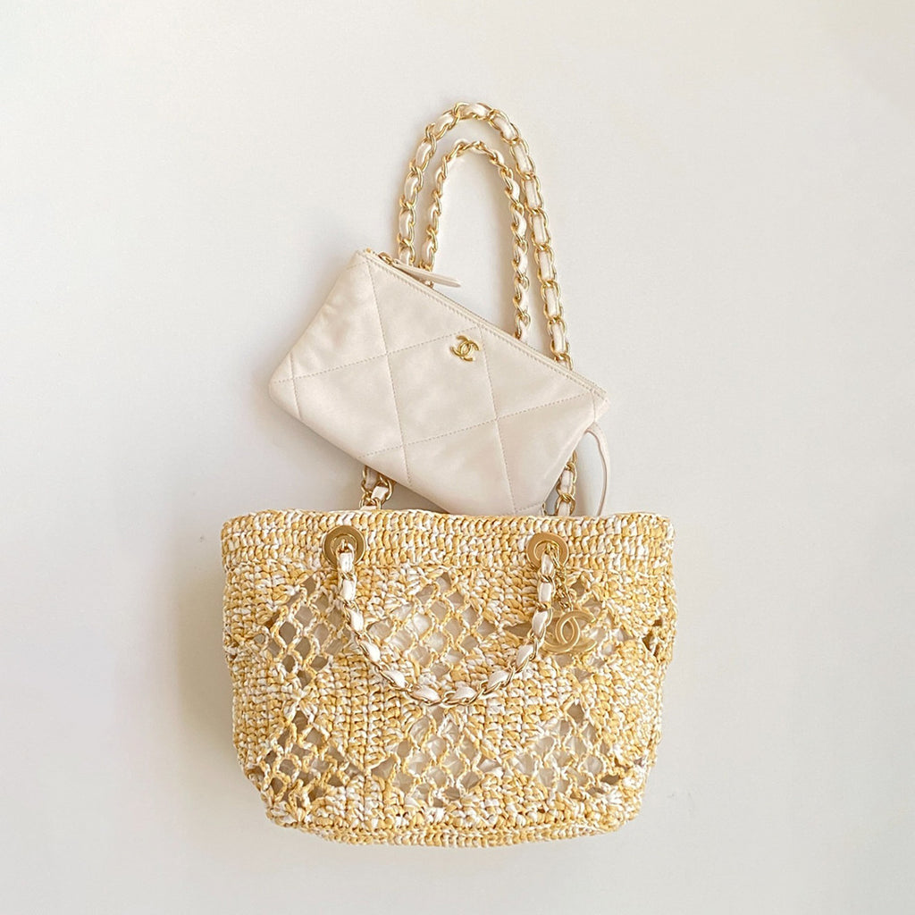 Chanel Women's CoCo Beach Collection Woven Shopper Solid Color Gold Buckle Logo Checkered Casual Tote Bag Bags AS4576-B15546-NW424 #81292