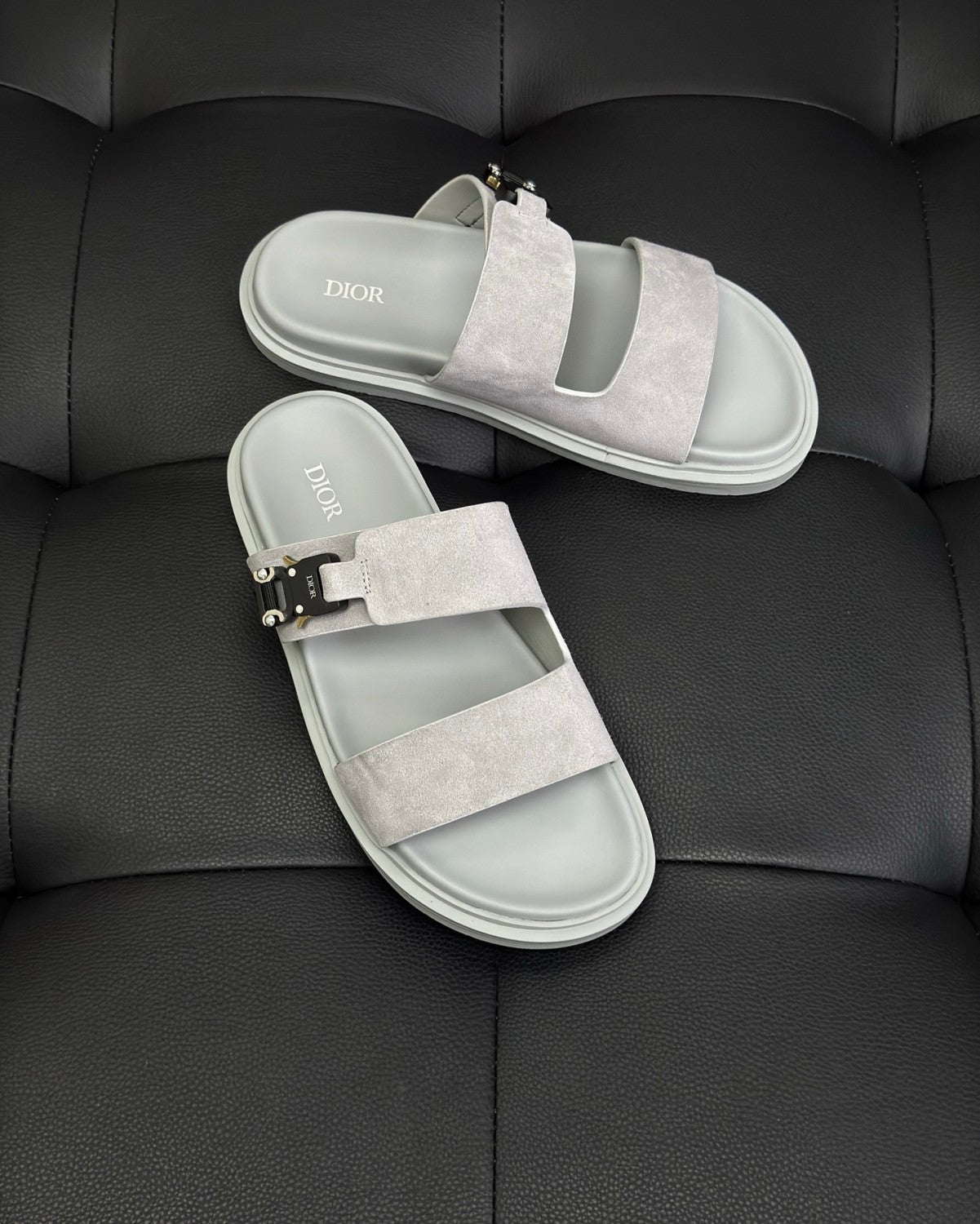 Dior Aqua Men's Summer Solid Color Classic Fashion Casual Suede Leather Aluminum Buckle Round Toe Flat Shoe Slippers Shoes #78181