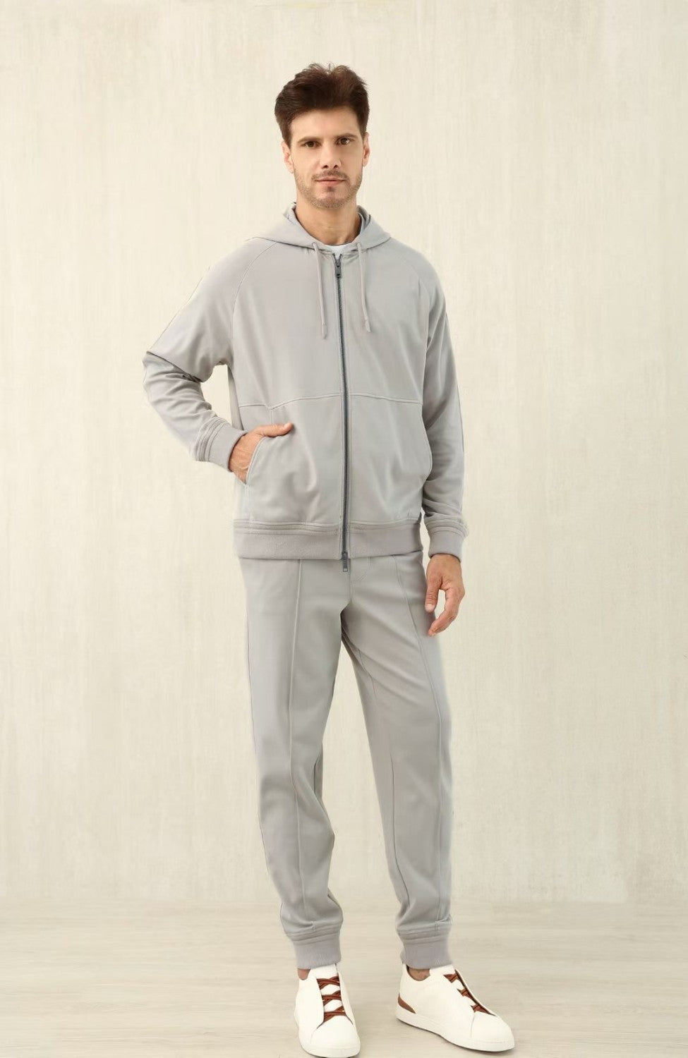 Ermenegildo Zegna Men's Spring/Fall Zipper Drawstring Hoodie Sweatshirt & Solid-Color Casual Pants Suit Set Ngvp #2352
