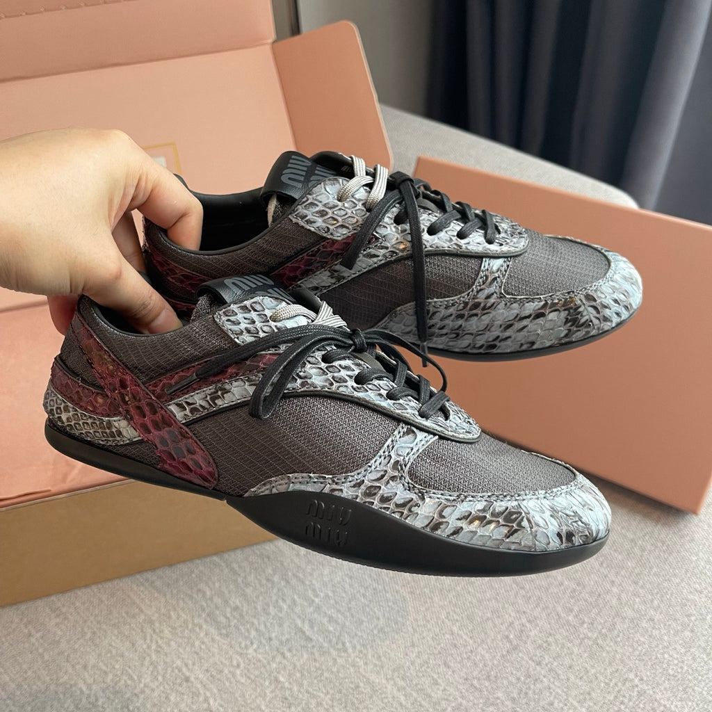 MiuMiu Women's Spring/Fall Fashion Casual Round Toe Lace Up Flat Low Top Fabric and Leather Casual Sneakers Shoes #79336