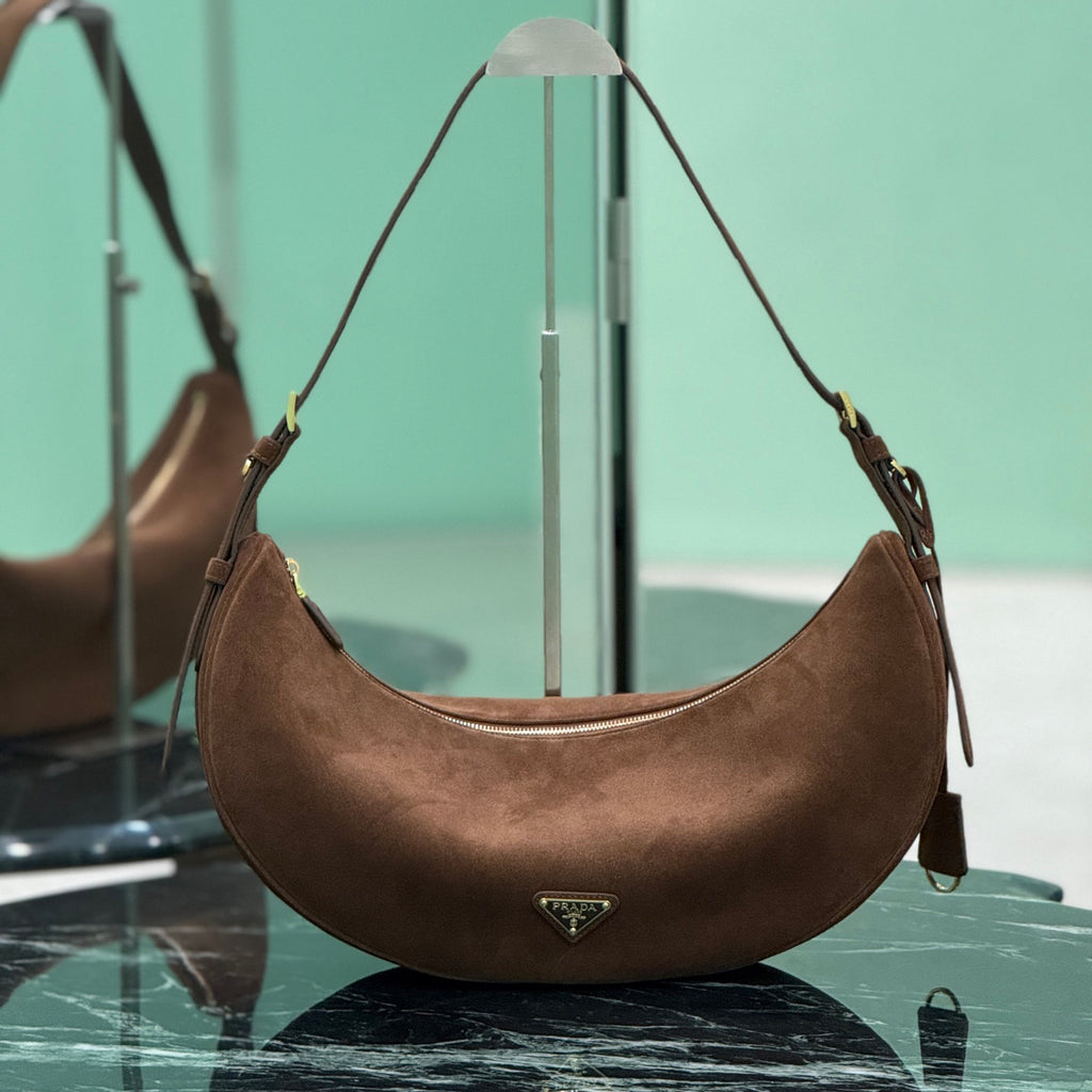 PRADA Classic Crescent Shape Suede Shoulder Bag Oversized Fit  Adjustable Handles Women's Handbag #81941L