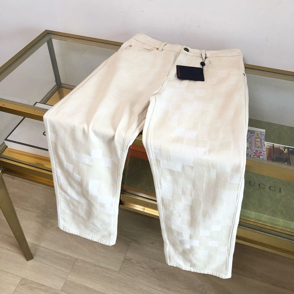 Louis Vuitton Men's Spring Summer Beige Plaid Jacquard Mid-Rise Straight Leg Jeans Pants #99881