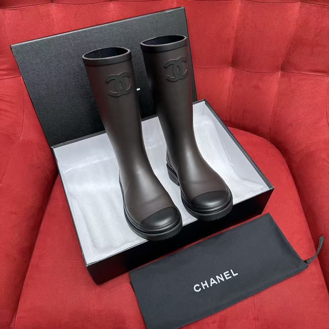 Chanel 25S Fashion Overalls Tall Boots Women's Beige Anti-Slip Rain Boots #332426