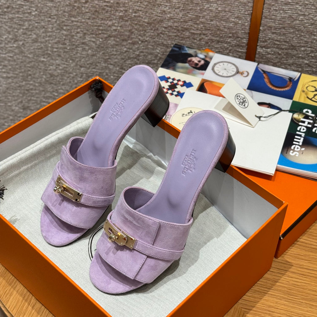 Hermes Gigi 50 Women's Summer Solid Color Metal Buckle Round Toe Suede Leather High Heel Sandals Shoes #77668