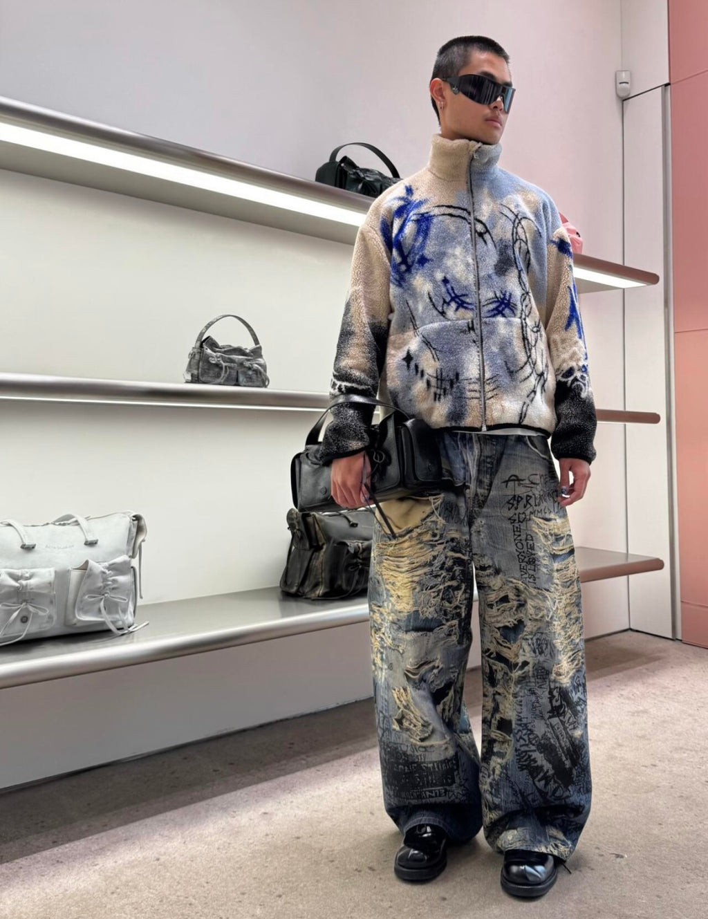 Acne Studios Men's Spring And Summer Ripped Graffiti Mise-en-scène Effect Print Denim Pants Super Loose Fit Jeans Fashion High Street Casual Blue Straight Trousers Ngvp #1186