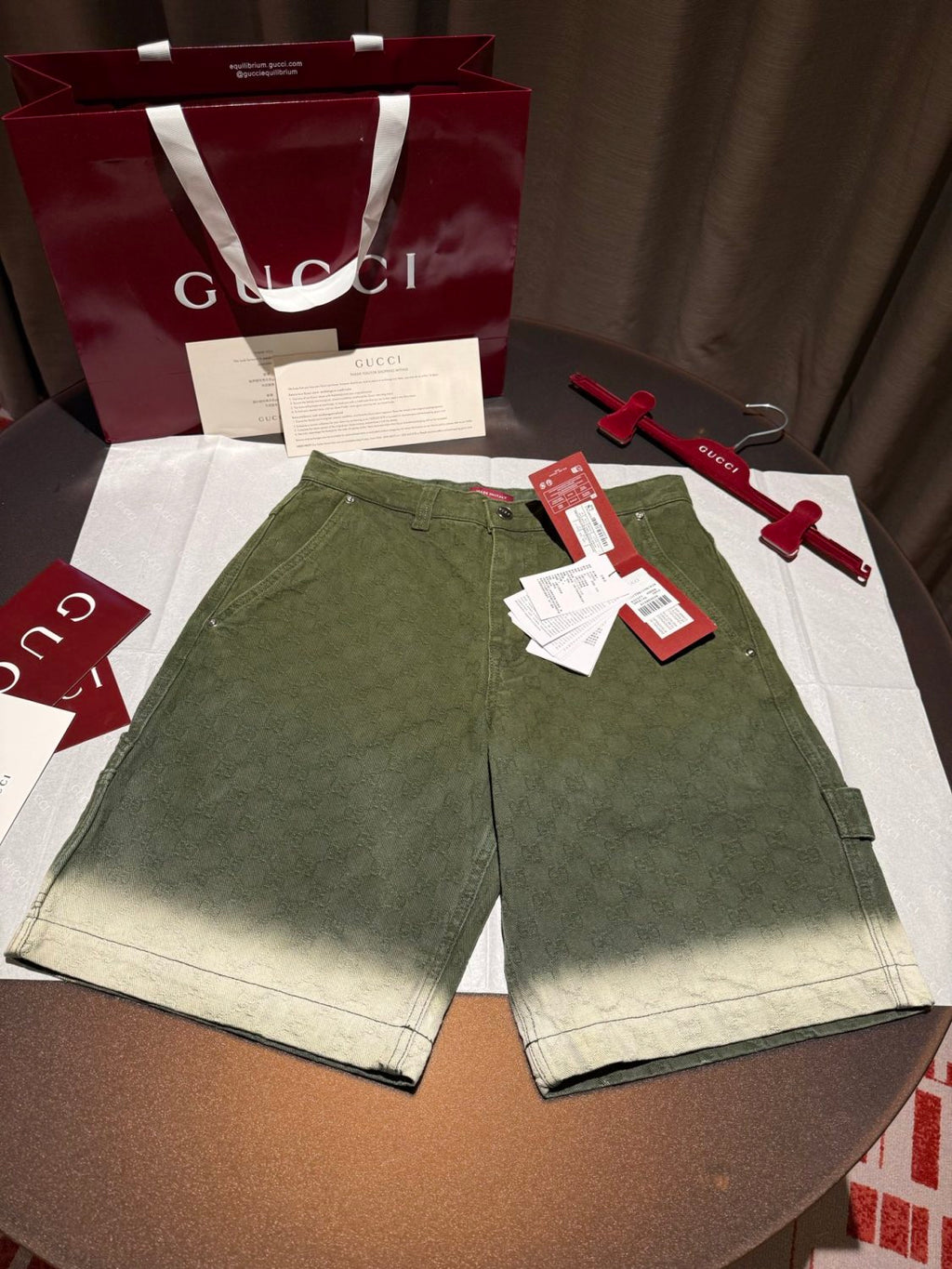 Gucci Men's Summer Fashion Casual Collared Single-Button Long Sleeve Shirt with Double G Jacquard Pattern. Paired with Casual Single Button Shorts Suit Set #78678