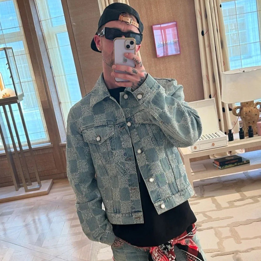 Louis Vuitton Men's Fall And Winter Mto Embellished Damier Denim Jacket Checkerboard Checkered Jacket With Diamonds Fashionable Versatile Jacket Ngvp #9126