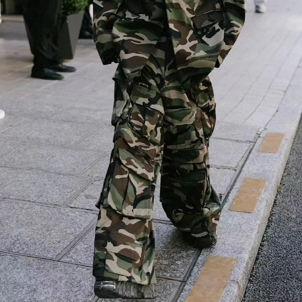 Vetements Men's Women's Cotton Zipper Camouflage Multi-Pocket Fitted Wide Leg Work Pants Ngvp #8221