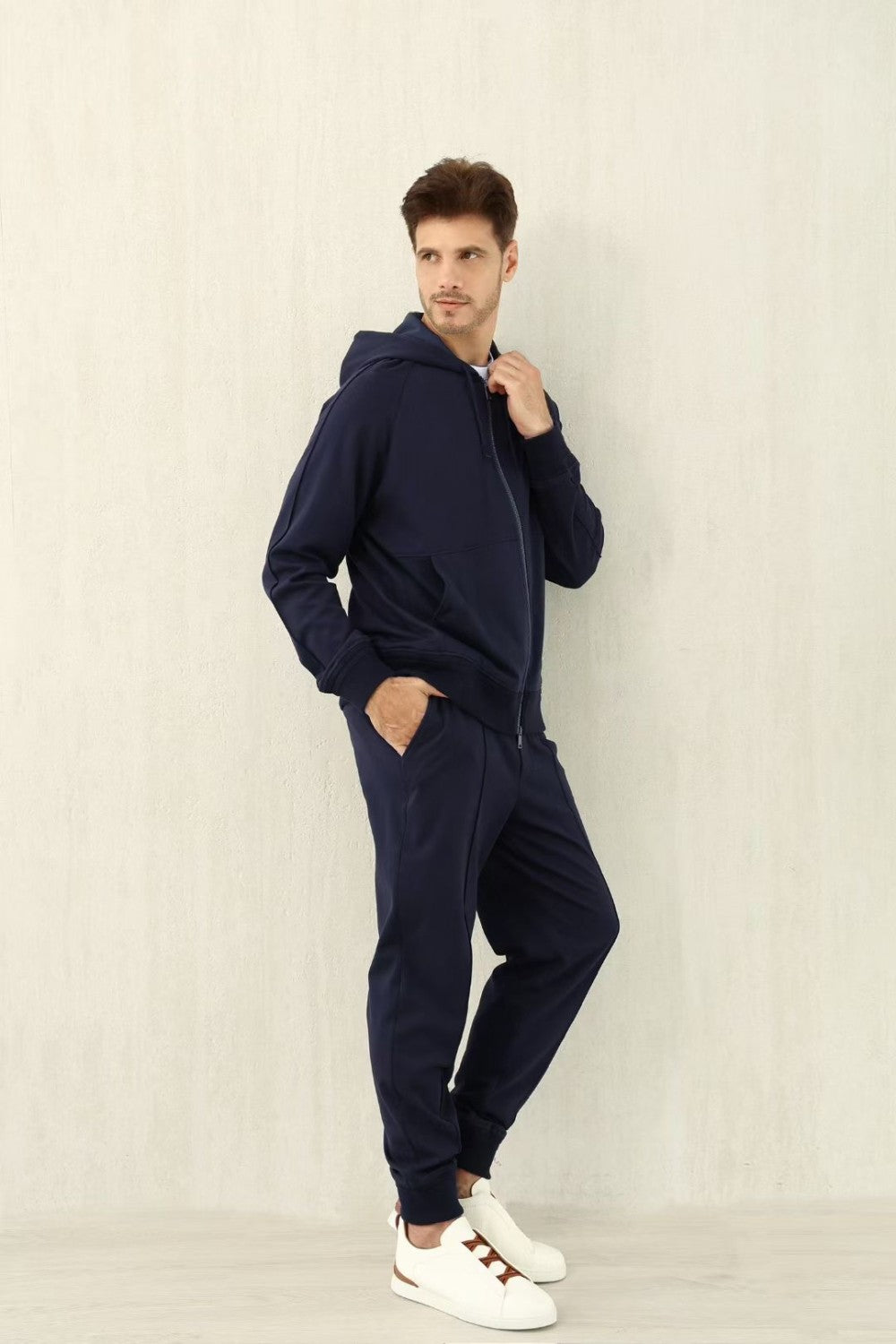 Ermenegildo Zegna Men's Spring/Fall Zipper Drawstring Hoodie Sweatshirt & Solid-Color Casual Pants Suit Set Ngvp #2352