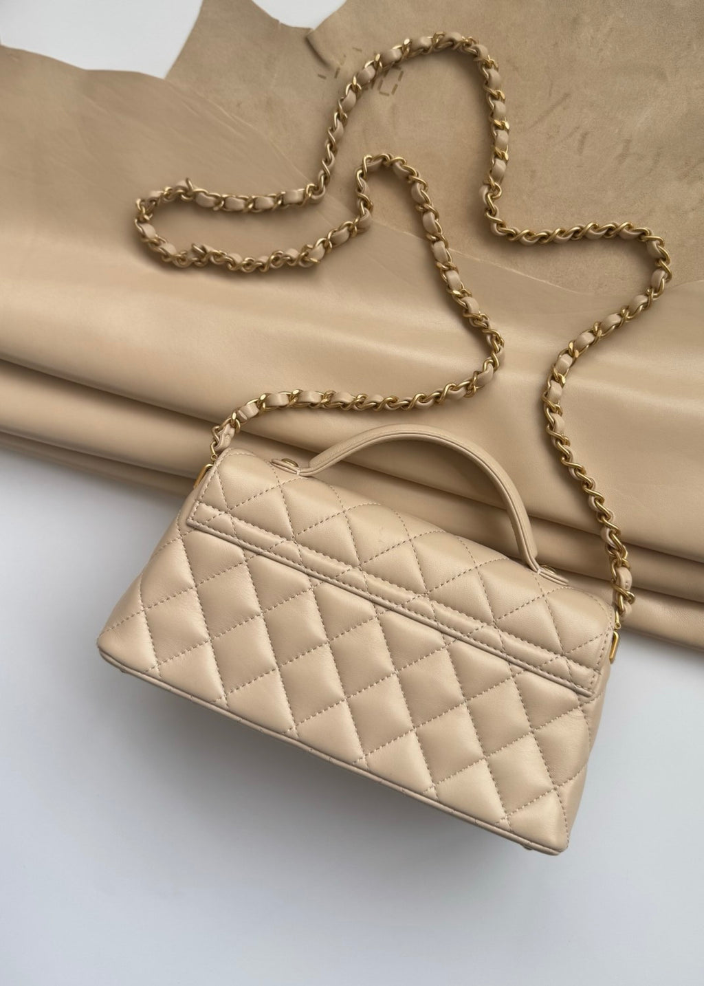 Chanel Women's Horizontal Trumpet Apricot Kelly Bag Lambskin Apricot Antique Gold Buckle Shoulder Crossbody Handbag #332359