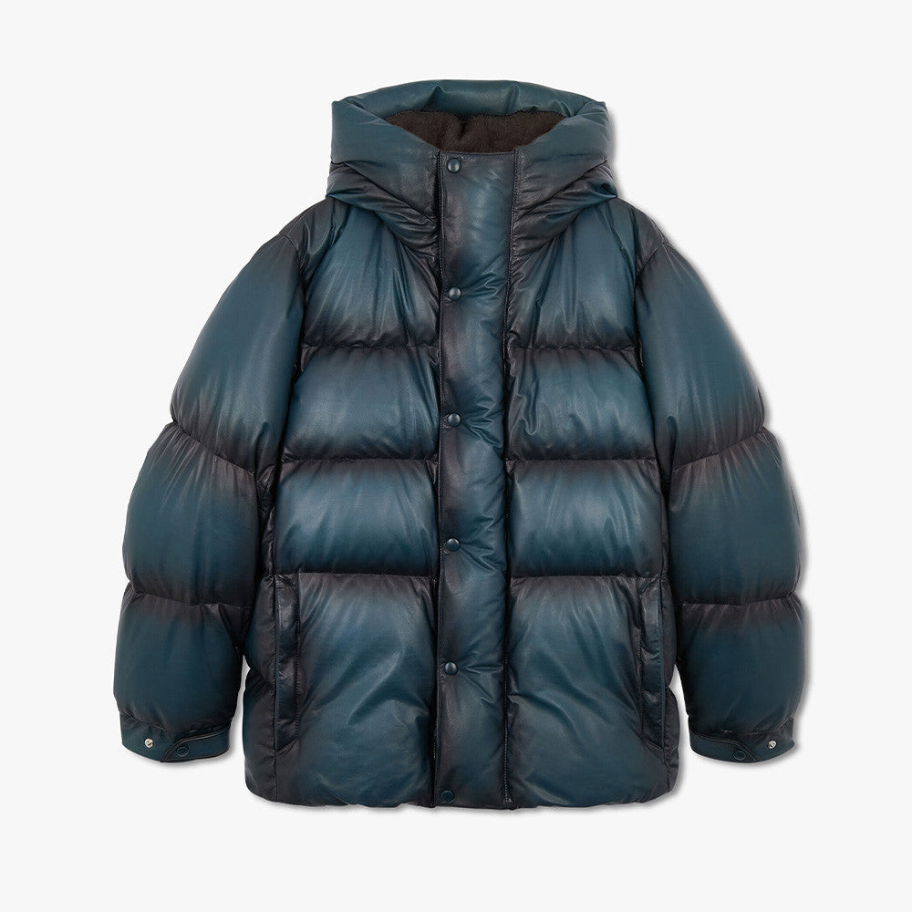 Berluti Men's Winter Solid Color Single Breasted Long Sleeve Hooded Leather Puffer Down Jacket Ngvp #7215