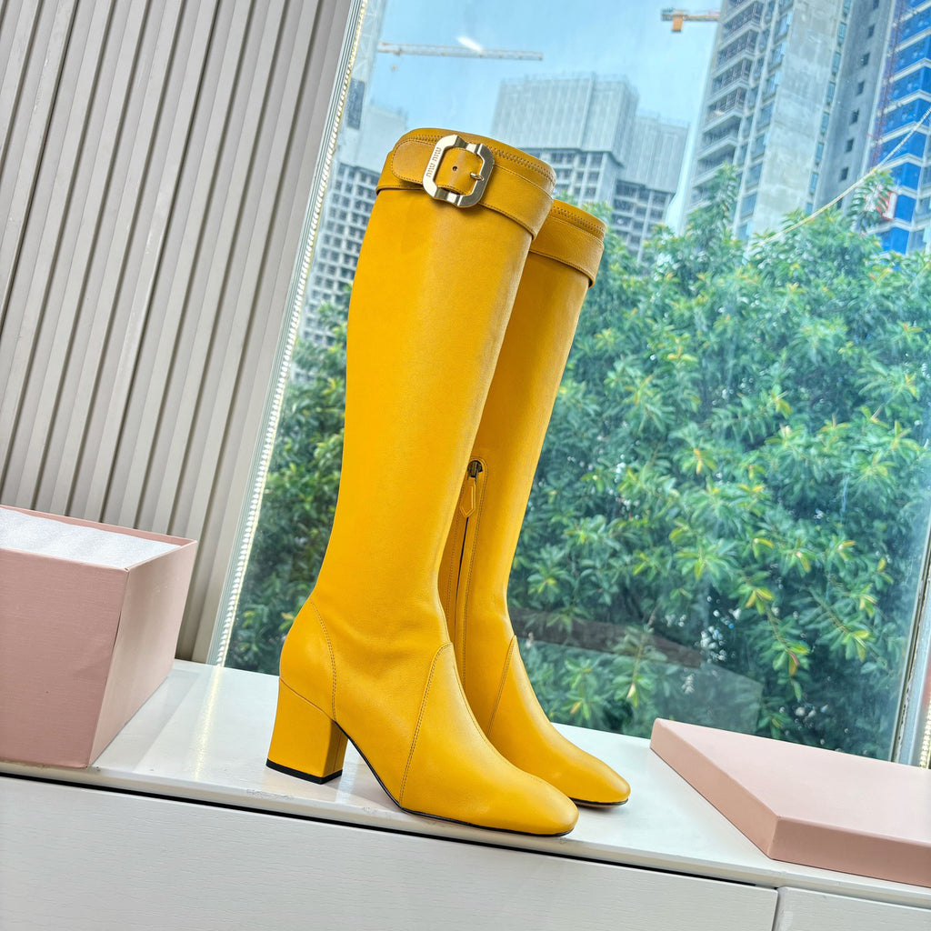 MiuMiu Women's Spring/Fall Fashion Classic Round Toe Cuffed Chunky Heel Solid Color Leather Long Boots Shoes#78718