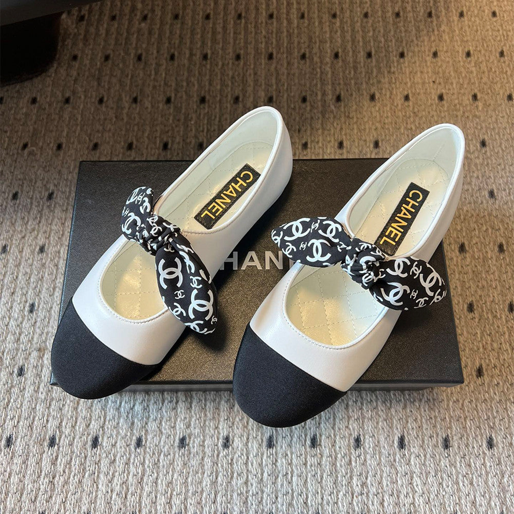 Chanel Mary Janes Lambskin Silk Grosgrain White Black #334248