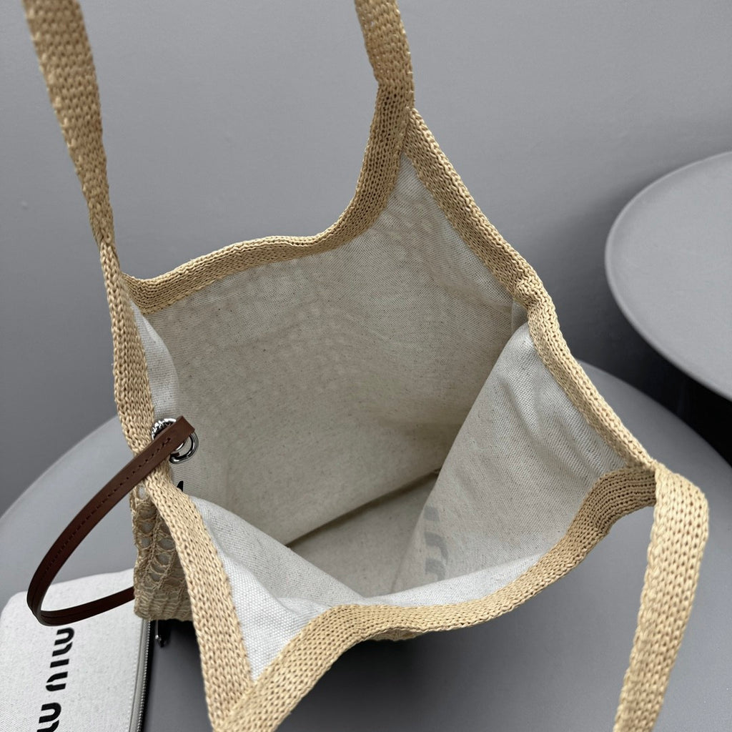 MiuMiu IVY Raffia Women's Solid Color Linen Woven Mesh Letter Print Shopping Bag Shoulder Bags #77355
