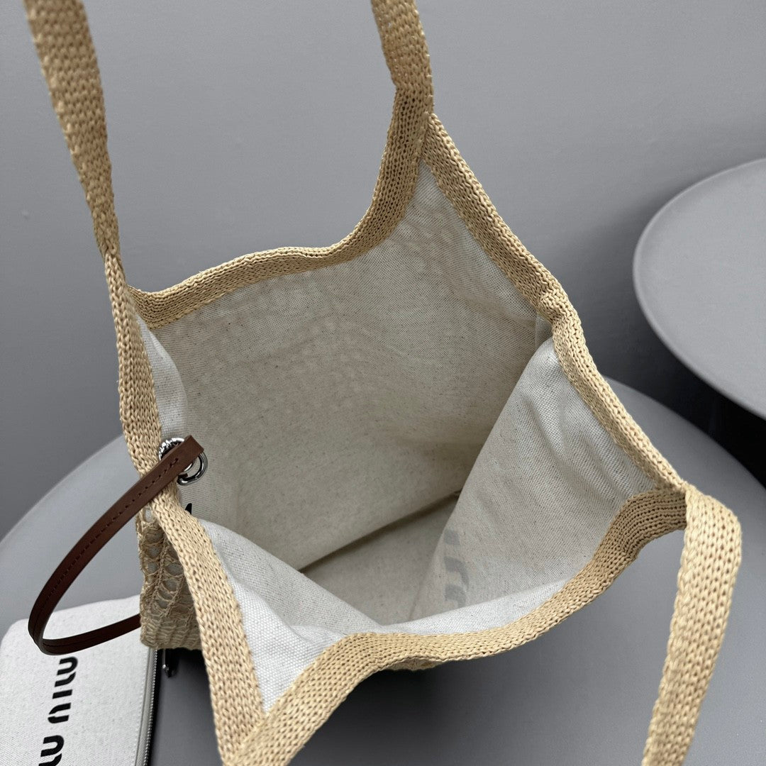 MiuMiu IVY Raffia Women's Solid Color Linen Woven Mesh Letter Print Shopping Bag Shoulder Bags #77355