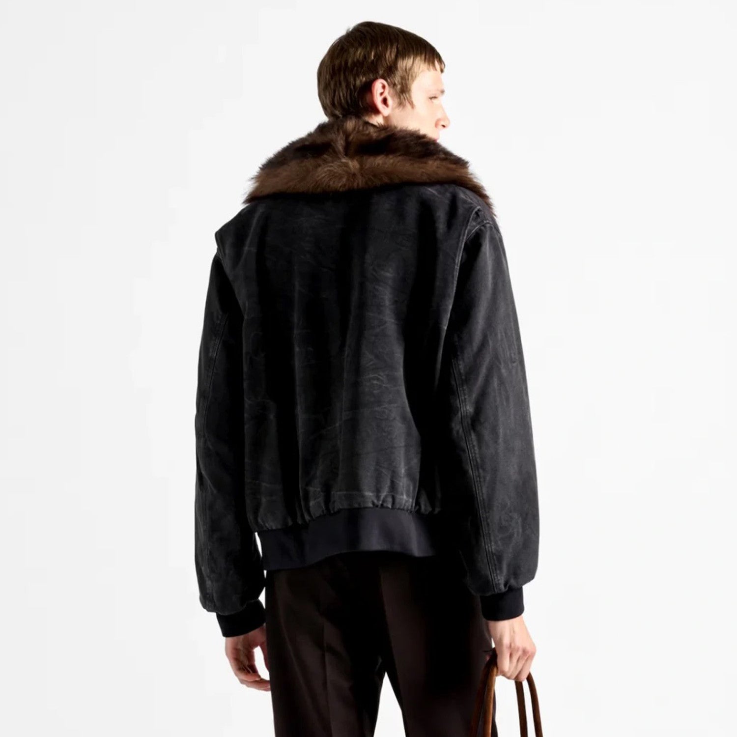 Prada Men's Fall And Winter Hair Collar Black Cotton Jacket Fashion Trend Warm Casual Zipper Short Jacket Coat Ngvp #2196