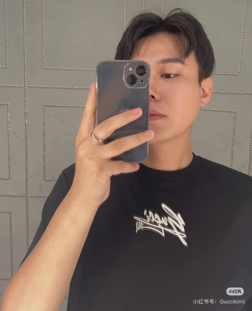 Gucci Men's Spring And Summer All Black Letters Printed Knitted Cotton T-shirt Retro Fashion Loose Short-sleeved T-shirt #71485