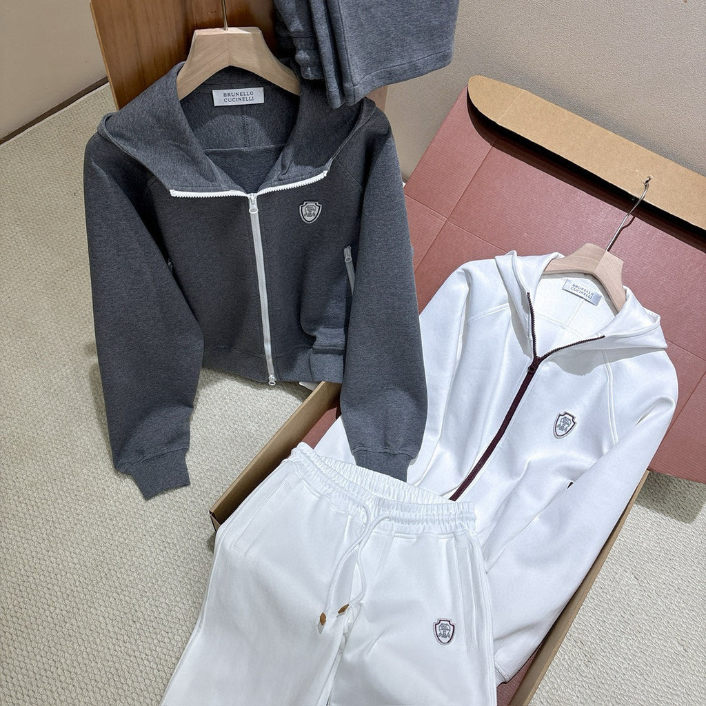 Brunello Cucinelli Men's And Women's Spring/fall Fashion Casual Solid Color Hooded Zipper Jacket With Logo Trim Solid Color Elastic Waist Casual Wide Leg Pants Pants Suit Set #79265