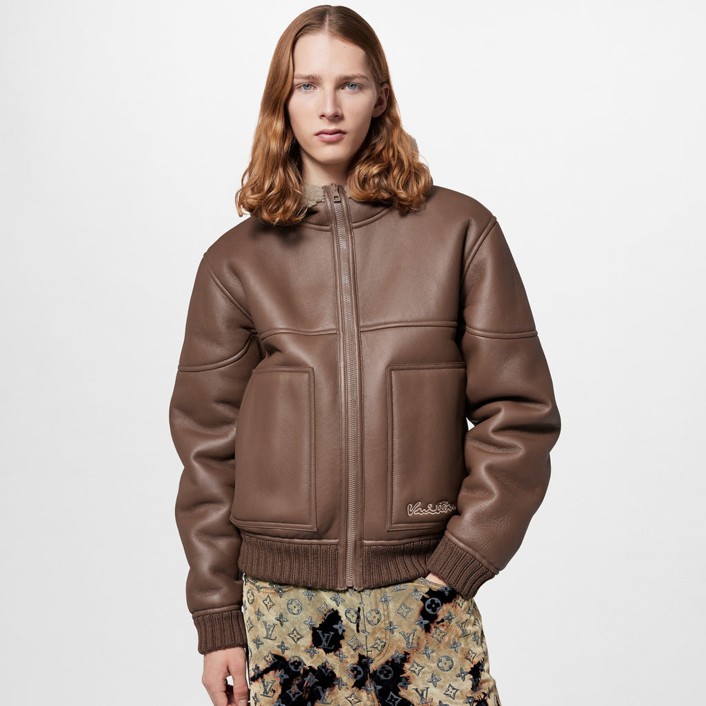 Louis Vuitton Men's Winter Leather Reversible Shearling Hooded Blouson Jacket #97136