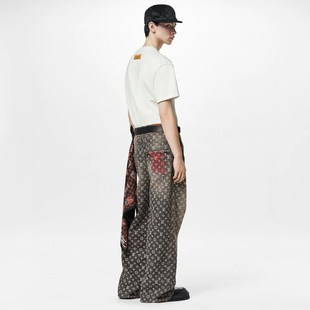 Louis Vuitton Men's Retro Washed And Embroidered Monogram Pattern Loose Jeans Spring And Autumn Fashion High Street Straight Wide Leg TrousersCasual Pants #71848