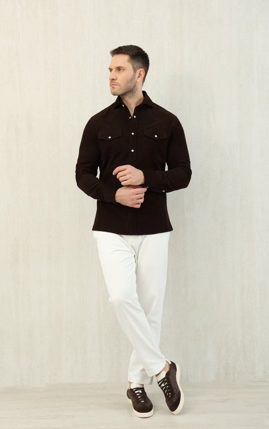 Brunello Cucinelli Men's Spring And Fall Cotton Lapel Solid Color Single-Breasted Chest Pocket Long Sleeve Fitted Shirt Ngvp #1557