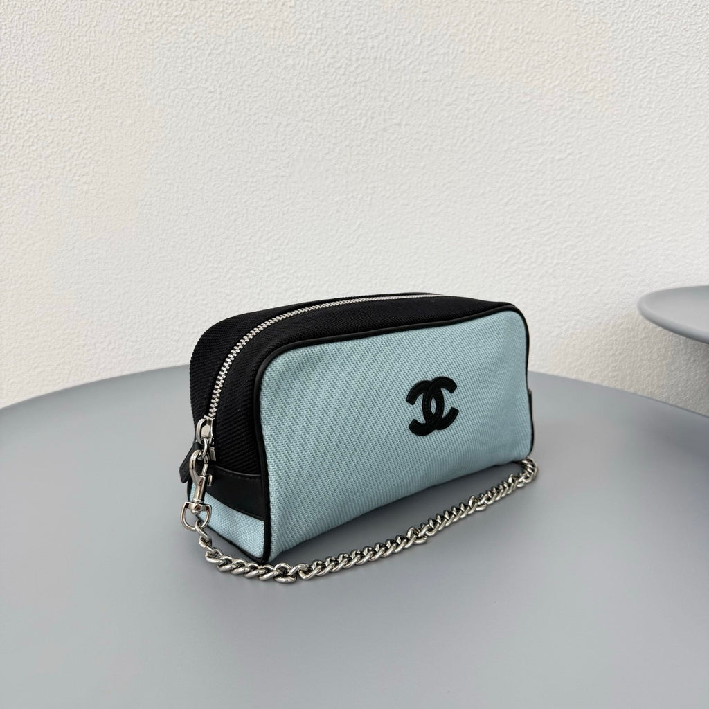 Chanel Large Zipped Pouch Canvas Calfskin Silver-tone Metal Blue And Black Stylish And Elegant Make-up Bag Bags #84397A