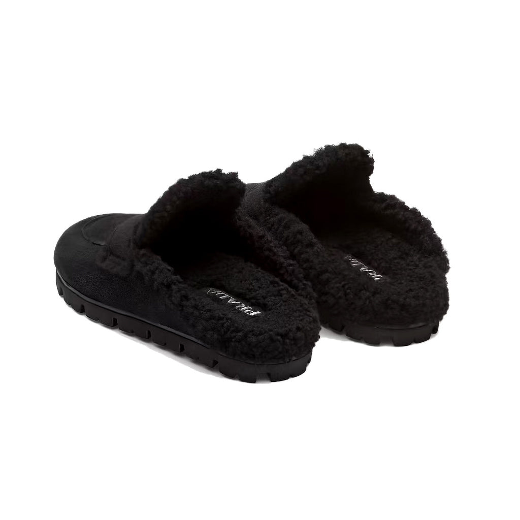 Prada Women's Fall/Winter Fashion Casual Round Toe Open Back Classic Logo Triangle Label Shearling Slippers Shoes #79521