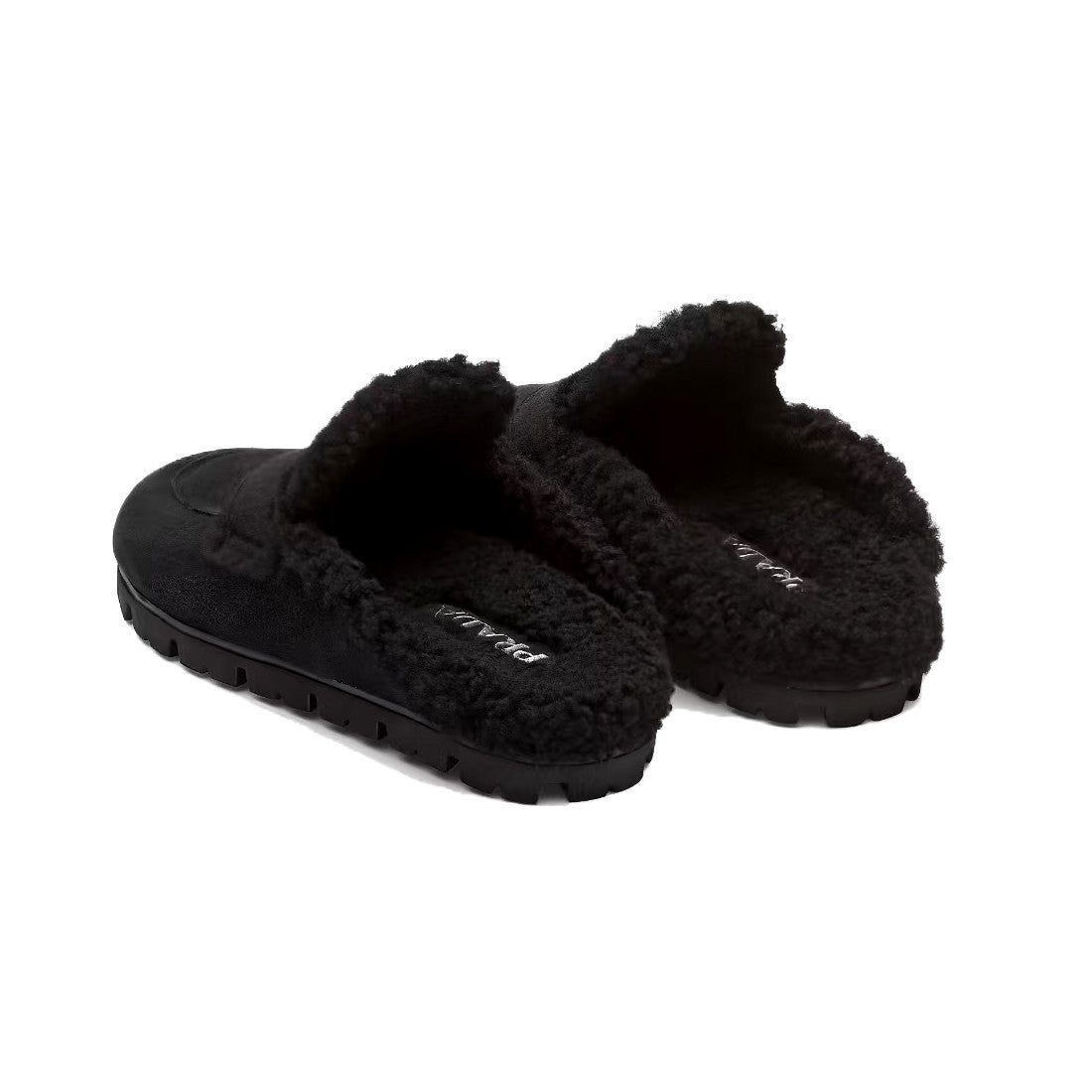 Prada Women's Fall/Winter Fashion Casual Round Toe Open Back Classic Logo Triangle Label Shearling Slippers Shoes #79521