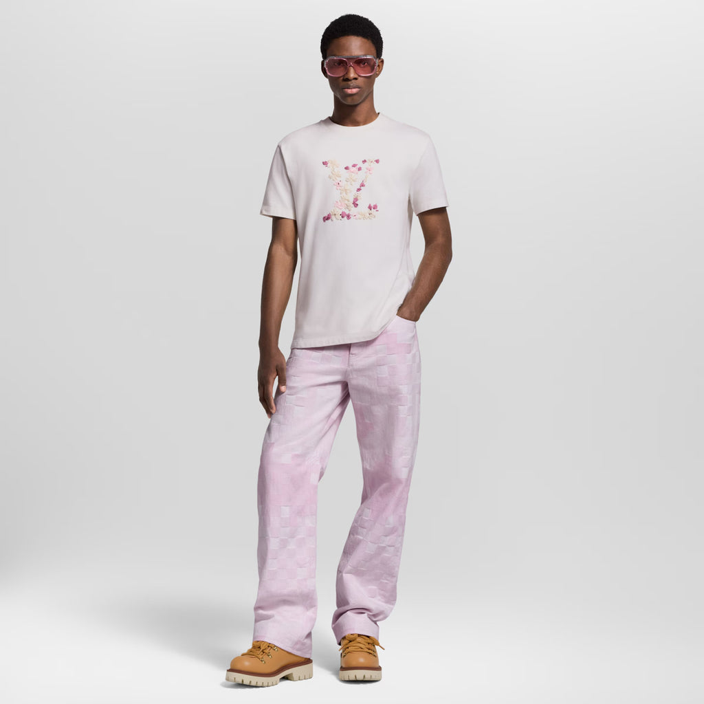 Louis Vuitton x Men's Floral Embroidered Round Neck Cotton Solid Color Summer Straight Short Sleeve T-Shirt #81353