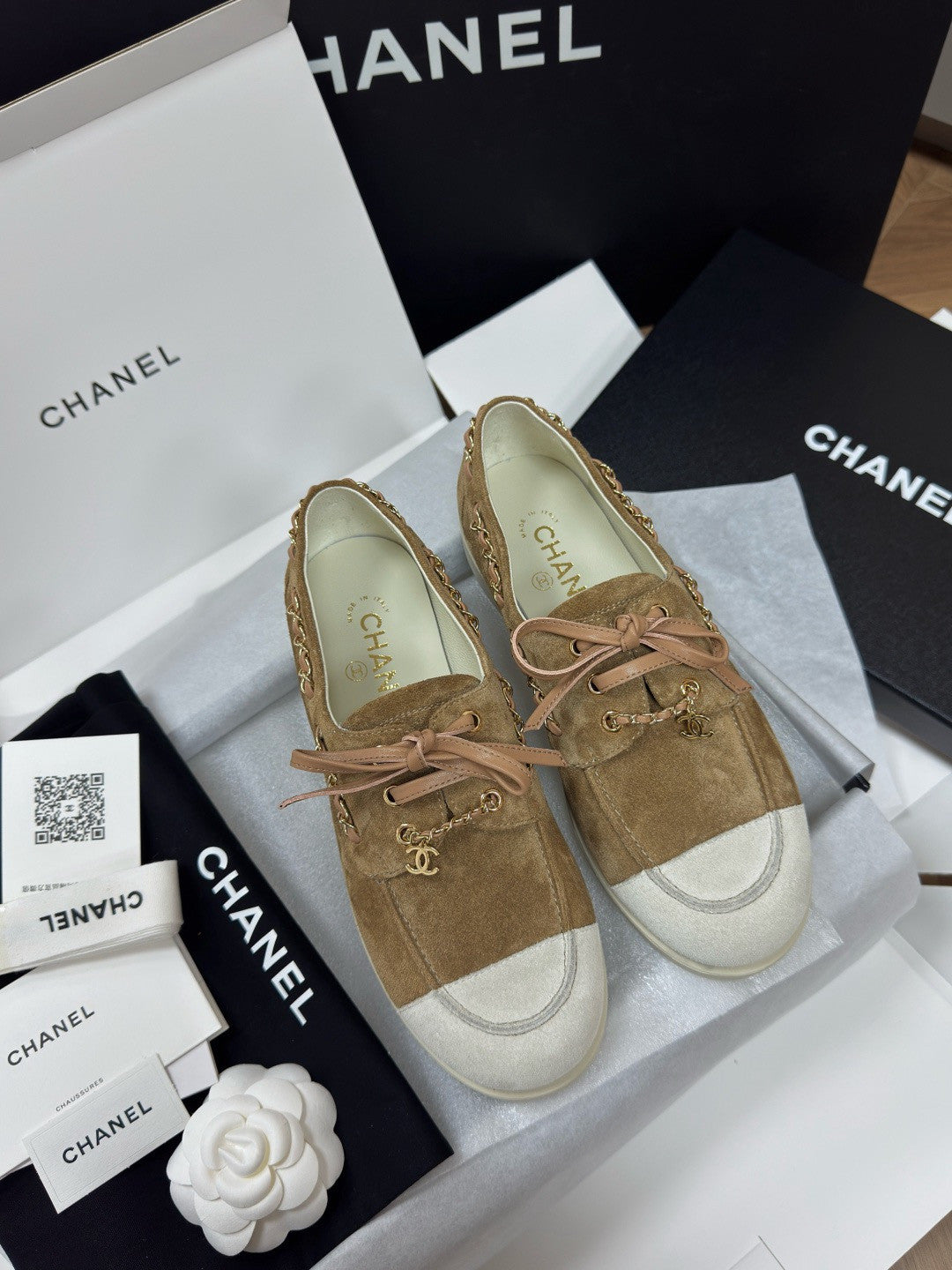 Chanel Moccasins Suede Calfskin Black Light Gray #336618