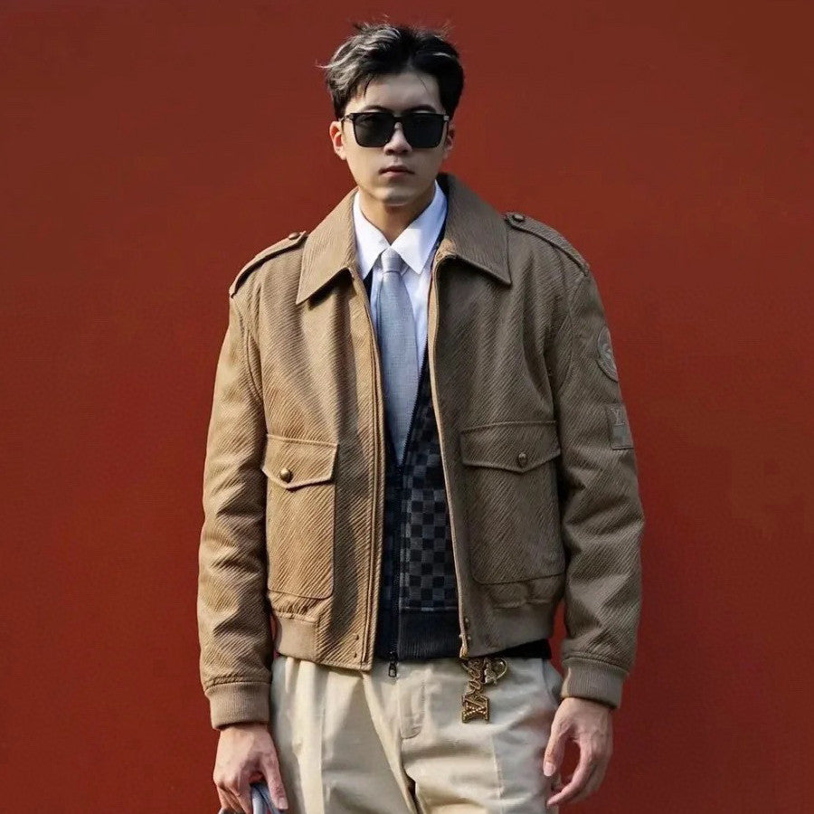 Louis Vuitton Men's Autumn and Winter Solid Color Lapel Twill Fabric Calfskin Long Sleeve Aviator Jacket #74574