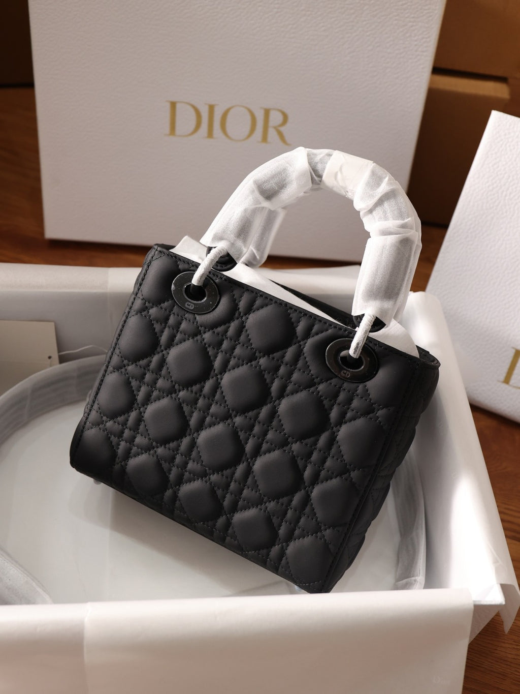 Dior Small Lady Dior My Abcdior Handbag In Glacier Blue Lambskin With Quiltoir Pattern. Four Square Compartments Black Satin Leather Featuring A Black Lacquered Clasp—princess Diana-style Crossbody Bag Bags M0538ONGE #197196