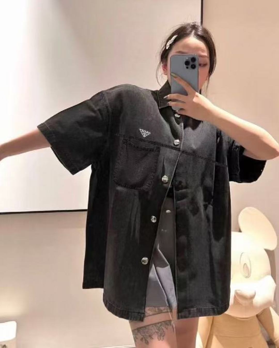 Prada Men's Early Autumn Men's Women's Lycra Denim Shirt. Triangle Logo Vintage Gray Short Sleeve Lapel Shirt Polo T-shirt  #81617