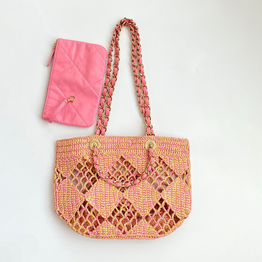 Chanel Women's CoCo Beach Collection Raffia Woven Shopper Colorblocking Large Small Tote Bag Bags AS4714-B15546-NW425 #81287