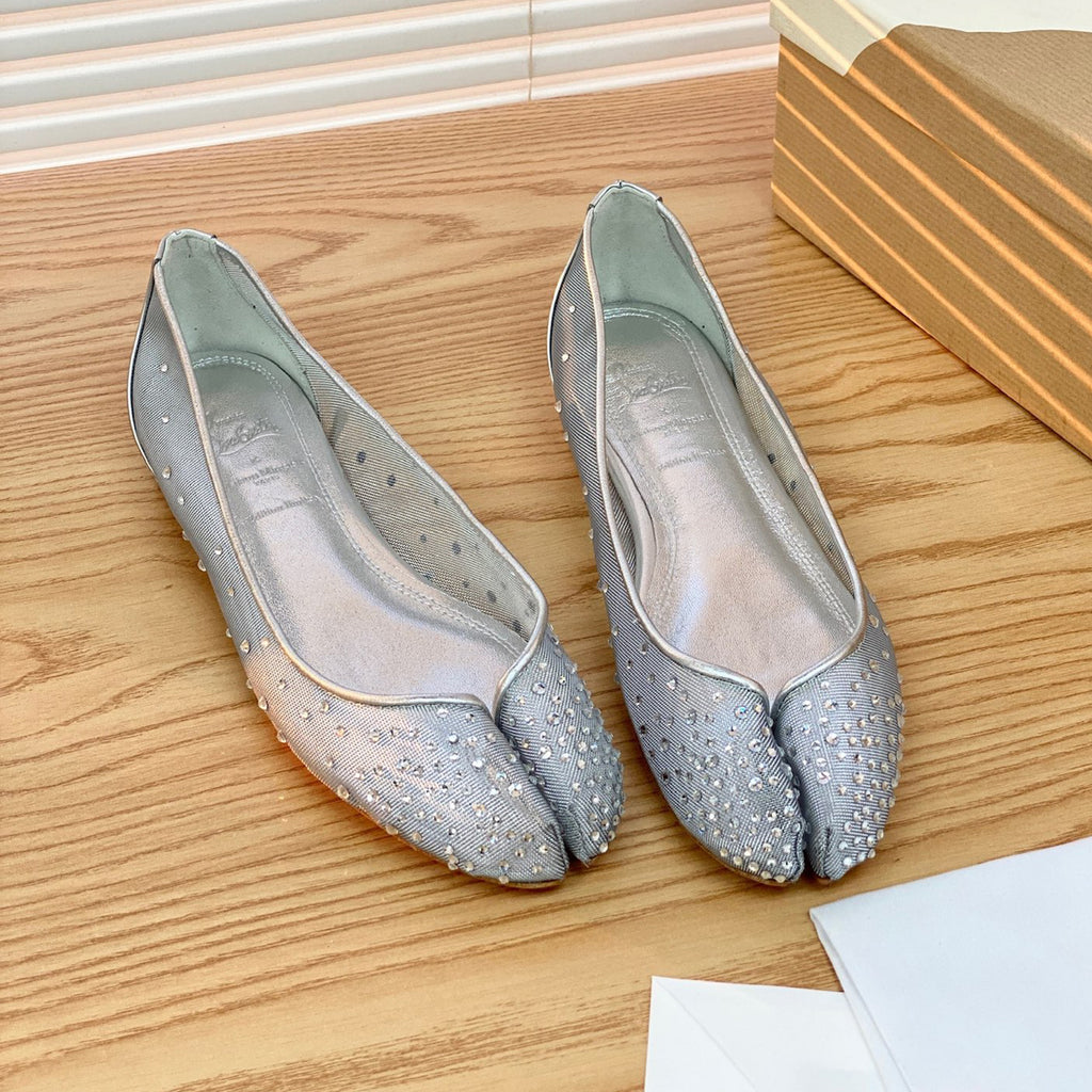 Christian Louboutin X Maison Margiela Women's Spring And Summer New Mesh Temperament Rhinestone Split Toe Flat Shoes Versatile Ballet Shallow Mouth Single Shoes Ngvp #1494