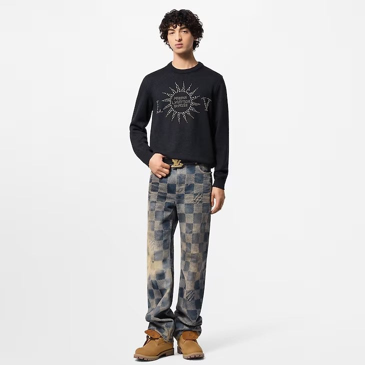 Louis Vuitton Men's Spring and Autumn Black Beaded Logo Geometric Print Round Neck Long Sleeve Sweater Pullover #72971