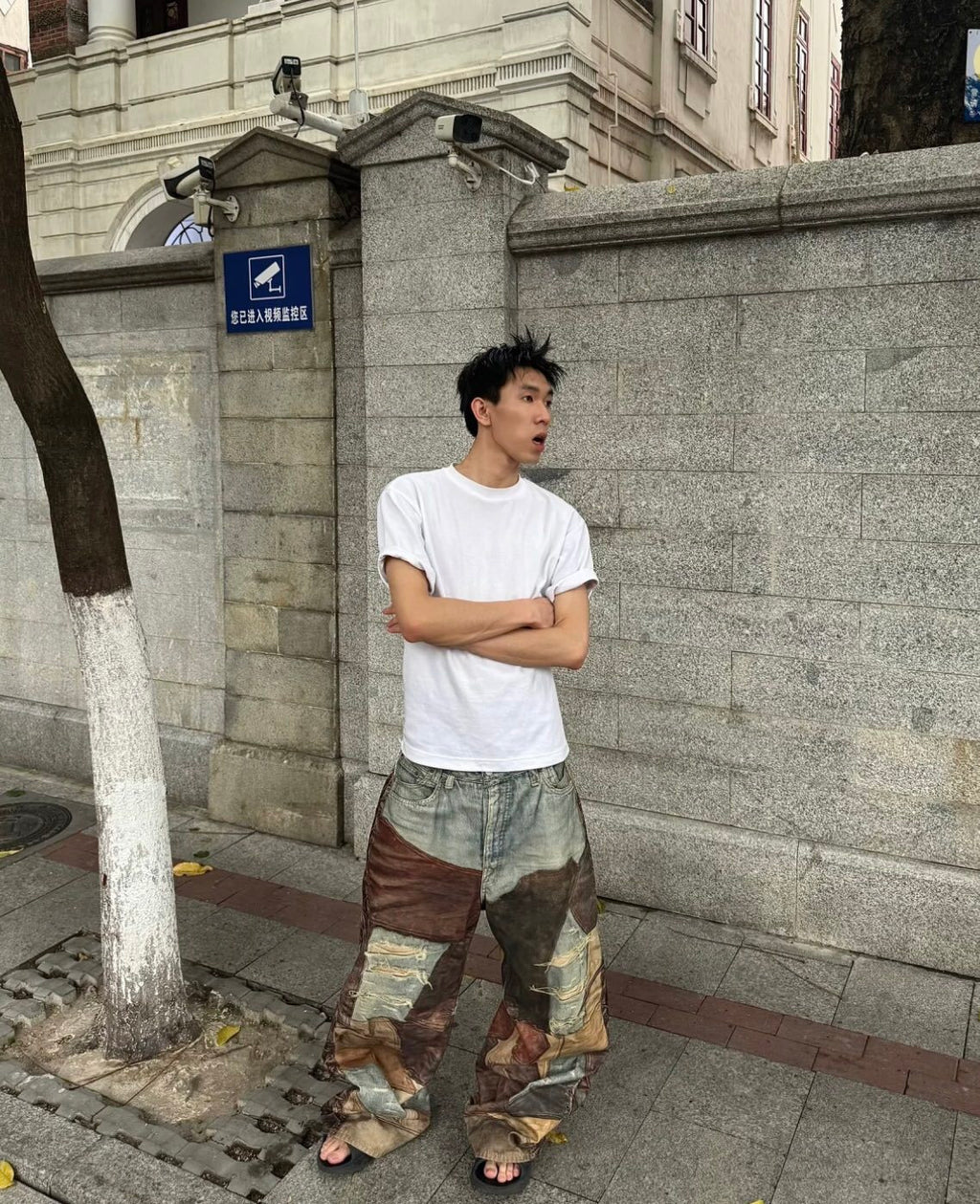 Acne Studios Men's Four Seasons Vintage Mud Dye Spliced Printed Loose Cotton Mid Waist Wide Leg Denim Pants Ngvp #8369