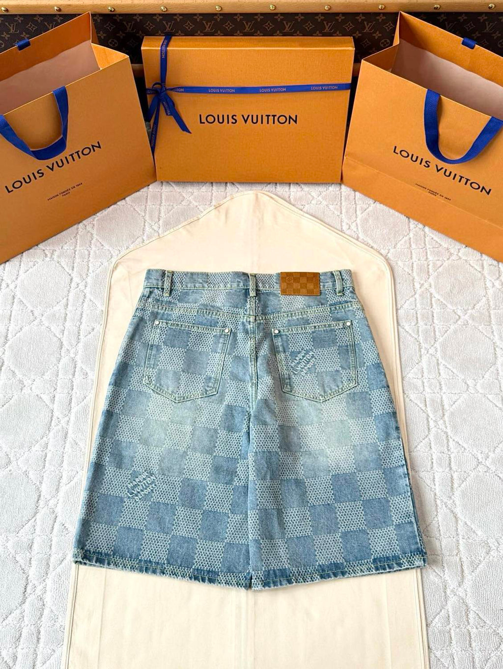 Louis Vuitton Men's Summer Solid Colour Checkerboard 3D Print Casual Denim Shorts #76864